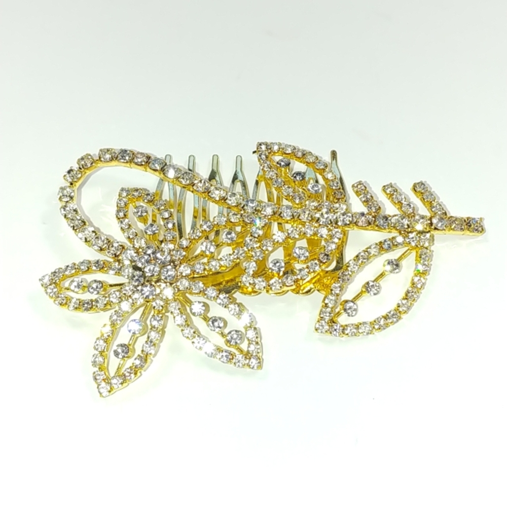 Gold flower rhinestones hair comb NWT
